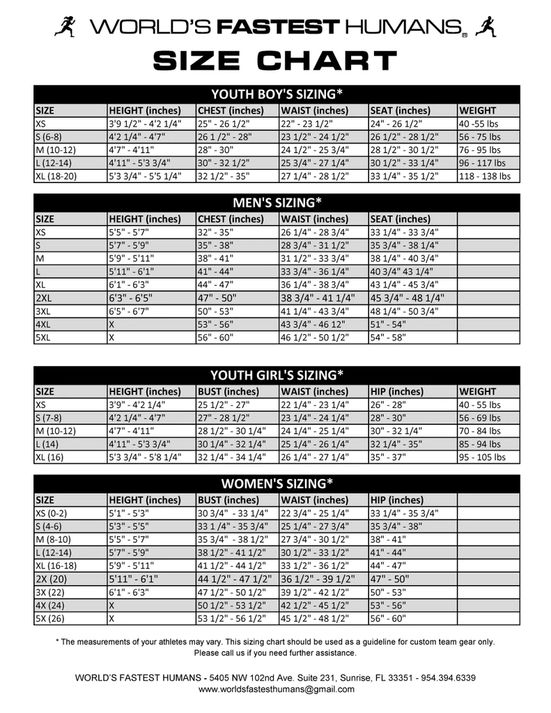 Sizing Chart - Rolesville Lightning Track and Field Club